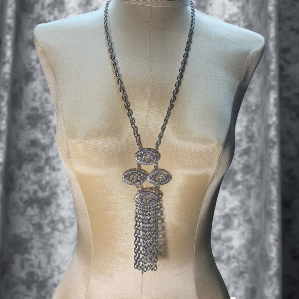 Elegant Long Shiny Silver Tassel Necklace